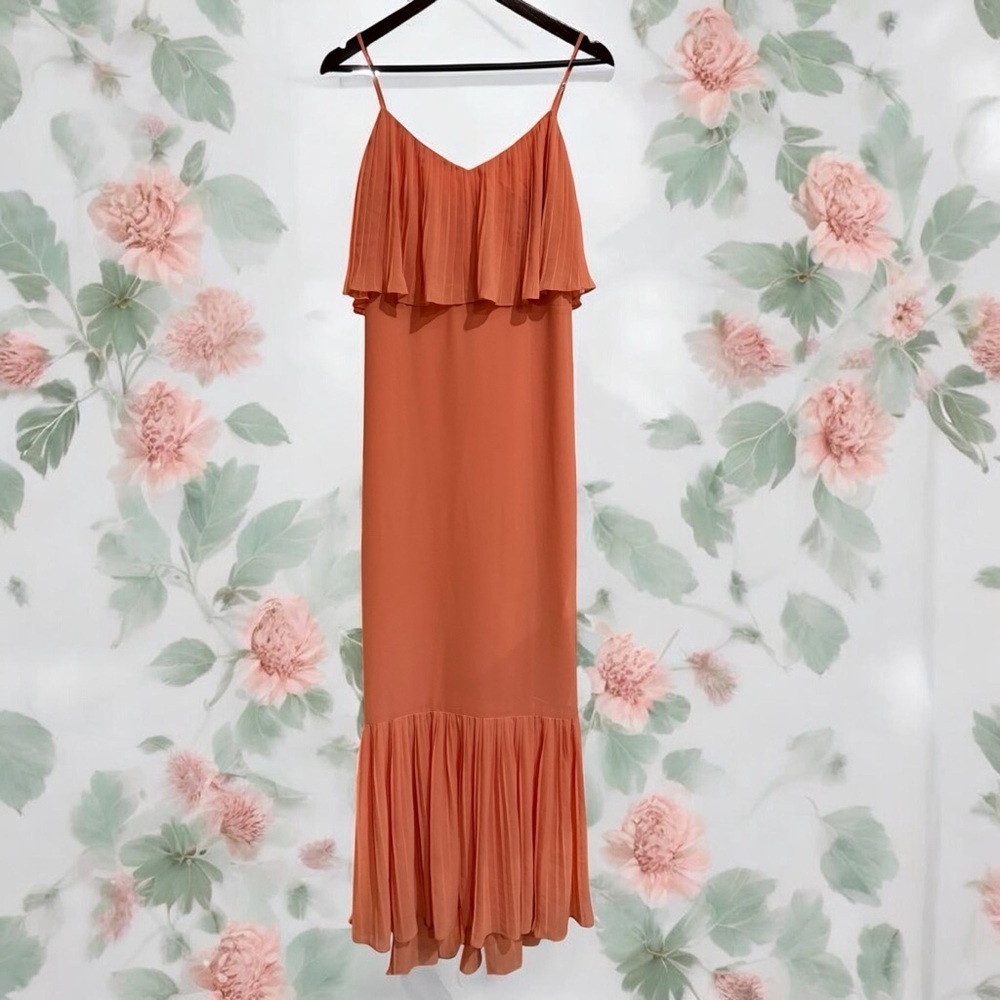 ALI & JAY Rust-Colored Spaghetti-Strap Ruffle Maxi Dress